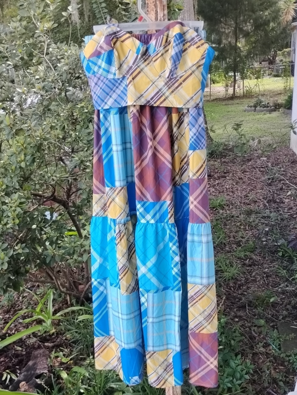 SHEIN Blue Yellow Brown Plaid Strapless Maxi Dress
